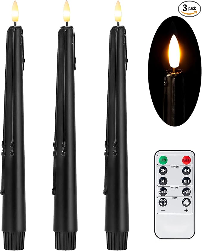 Black Flameless Taper Candles with Remote and Timer - 9.65 Inch Real Wax LED Candlesticks - Wax Drip Battery Operated Halloween Taper Candles with 3D Flickering Flame Halloween Decor, 3 Pack