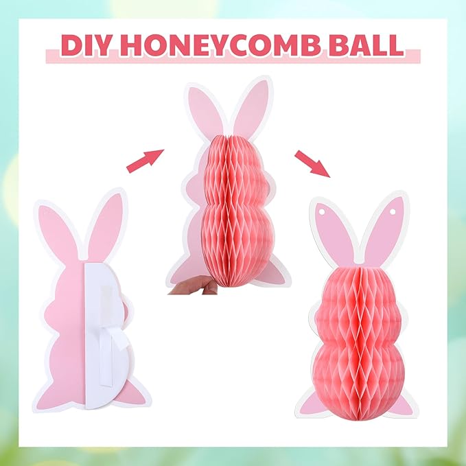 6 Pcs Easter Bunny Honeycomb Decorations Honeycomb DIY Table Centerpieces Set Colorful Spring Easter Ornaments for Bunny Themed Birthday Garden Egg Hunt Party Supplies