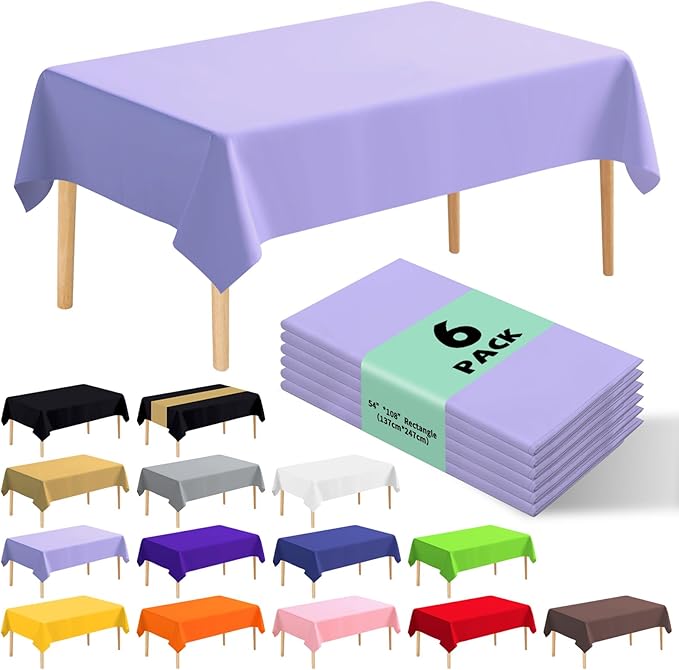 6 Pack Premium Disposable Plastic Tablecloth 54" x 108" Party Table Cloths Disposable for 6 to 8 Foot Tables Indoor or Outdoor Parties Birthdays Weddings Christmas Anniversary Buffet Table (Purple)