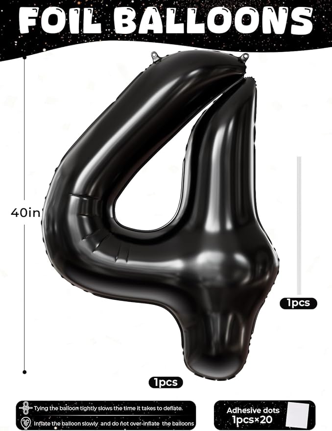 Black Number 4 Balloons – 40 Inch Giant Foil Number Balloon, Black Number Balloon for Men Women Boys Girls Birthday Graduation Anniversary Party Decorations