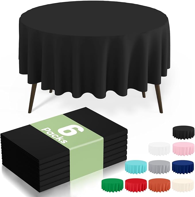 misaya 6 Packs Disposable Plastic Table Cloth, 84" Round Waterproof Tablecloth, Leakproof & Sturdy Decorative Table Covers for Easter, Picnic, Party and Outdoor, Black