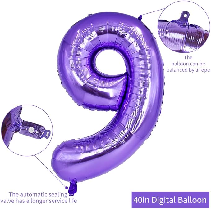 TONIFUL 40 Inch Purple Large Numbers Balloon 0-9 Birthday Party Decor,Foil Mylar Big Number Balloon Digital 9 for Birthday Party,Wedding, Bridal Shower Engagement Photo Shoot, Anniversary