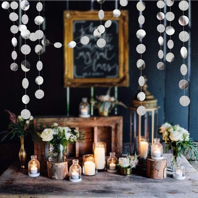 Shining Silver Circle Dots Hanging Garland Sparkling Silver Circle Dots Hanging Streamer Glitter Bunting Banner Backdrop for Wedding Baby Shower Birthday Xmas Decor 40 Feet