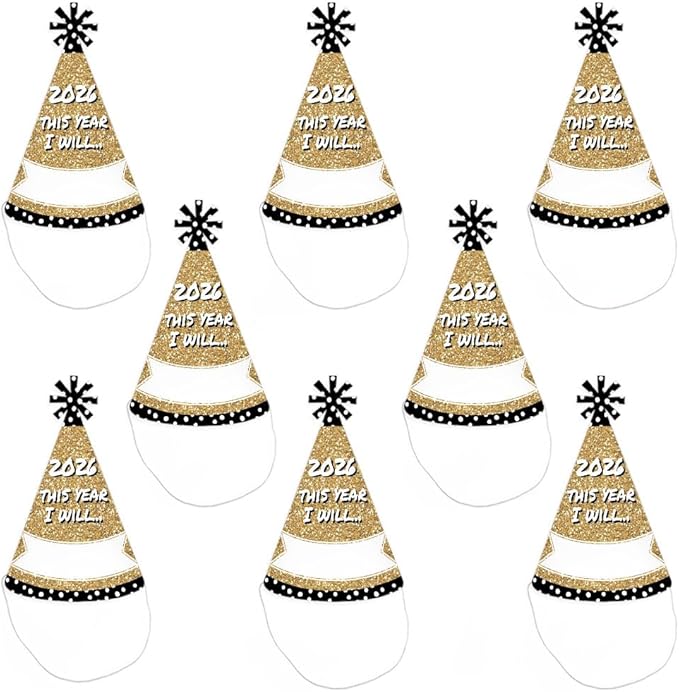 Big Dot of Happiness Pop, Fizz, Clink! - Cone Party Hats - 2026 New Year's Eve Resolution Cone Party Hat for Kids and Adults - Set of 8 (Standard Size)