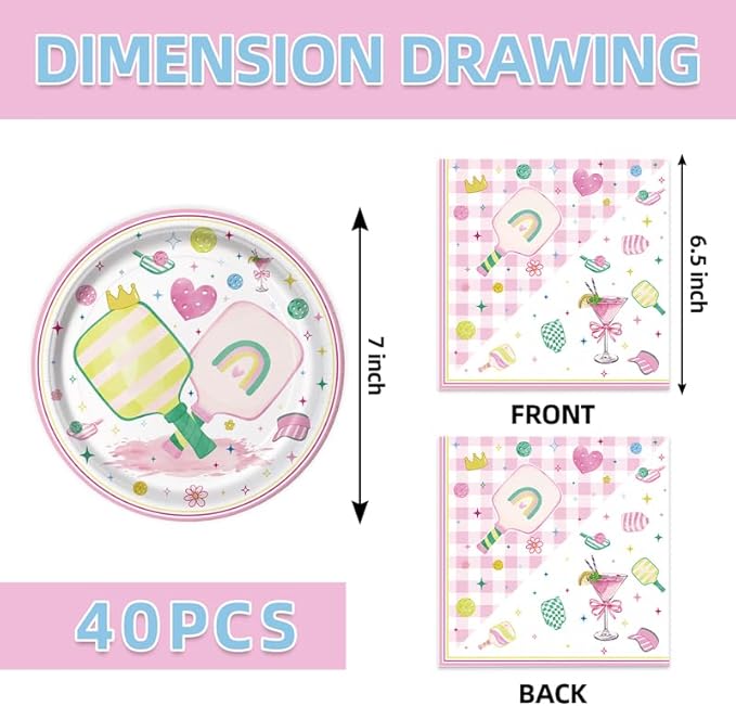40Pcs Pickleball Birthday Party Plates and Napkins for 20 Guests Tableware Pickleball Supplies for Kids Baby Shower Birthday Party Decorations