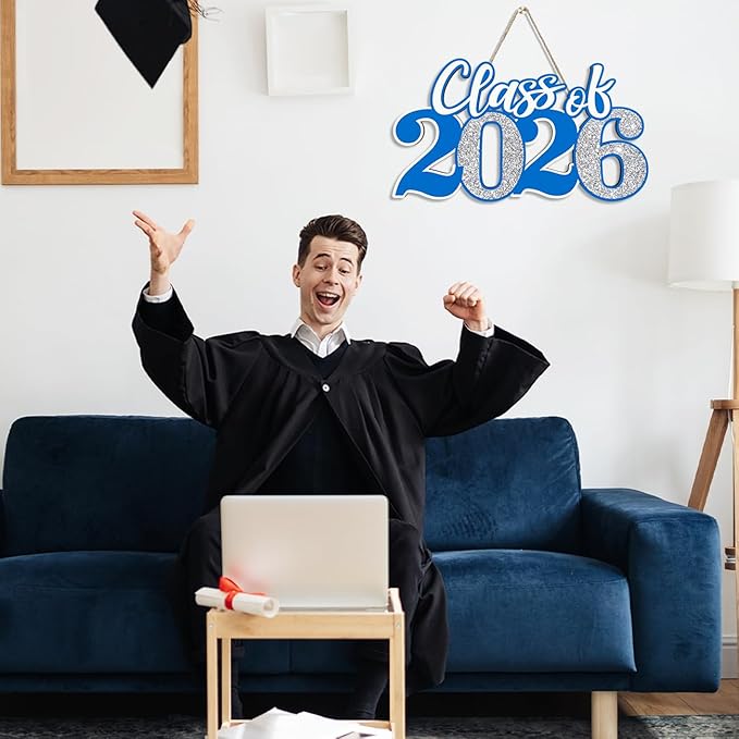 2026 Graduation Decorations Class of 2026 Wooden Sign Blue Silver Graduation 2026 Graduate Sign Photo Booth Prop