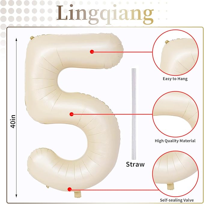 Cream 15 Foil Balloon Numbers, 40 Inch Giant Beige 15th Birthday Balloons for Boys Girls, Neutral Number 1 & 5 Ivory White Helium Balloon for Women Men 15th 51st Anniversary Party Decorations Supplies