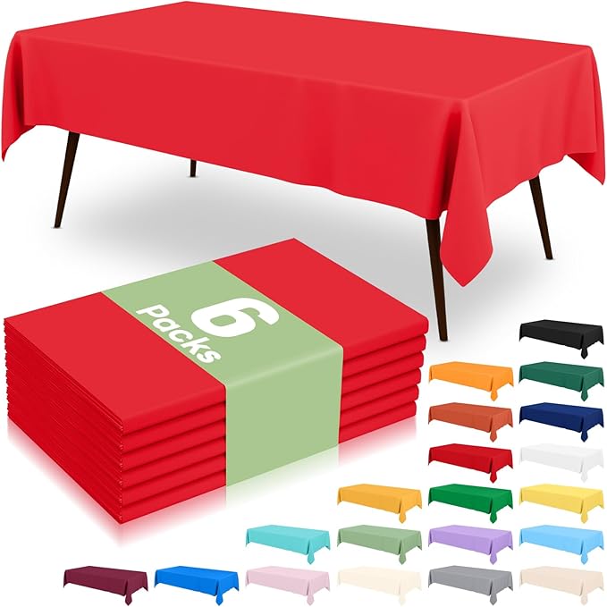 misaya 6 Packs Christmas Disposable Plastic Table Cloth, 54 x 108 Inch Waterproof Rectangle Tablecloth, Leakproof & Sturdy Decorative Table Covers for Easter, Picnic, Party and Outdoor, Red