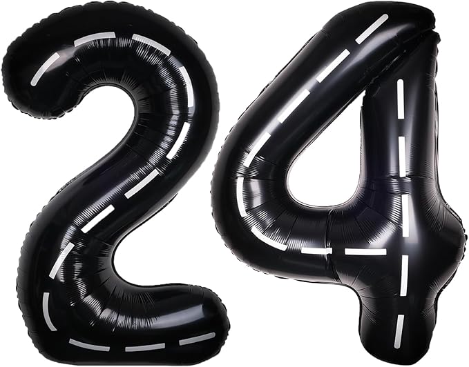 Race Car 40Inch Black 24 Balloon Number Large Helium Race Track 0-9 Giant Digital 24th Foil Mylar Big Party Number Balloons for Boy Birthday Car Theme Party Anniversary Graduation Decorations