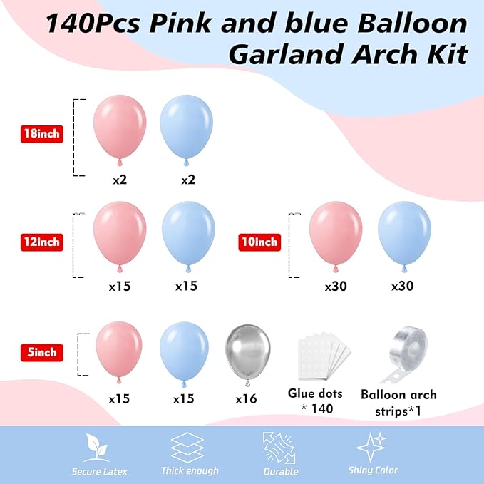 140Pcs Gender Reveal Balloon Garland Arch Kit - Pink and Blue Balloons Silver Latex Balloon for Boy or Girl Gender Reveal Decorations Birthday Party Baby Shower Celebration Anniversary (No Box)
