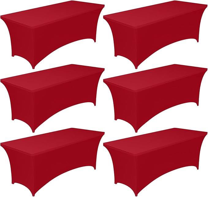 Pureegg Spandex Tablecloth 6ft - 6 Pack, Fitted and Stretch Table Cover for Rectangle Tables, Wrinkle-Resistant and Secure Fabric for Outdoor, Picnic, Party, Wedding, Banquet and Birthday, Red