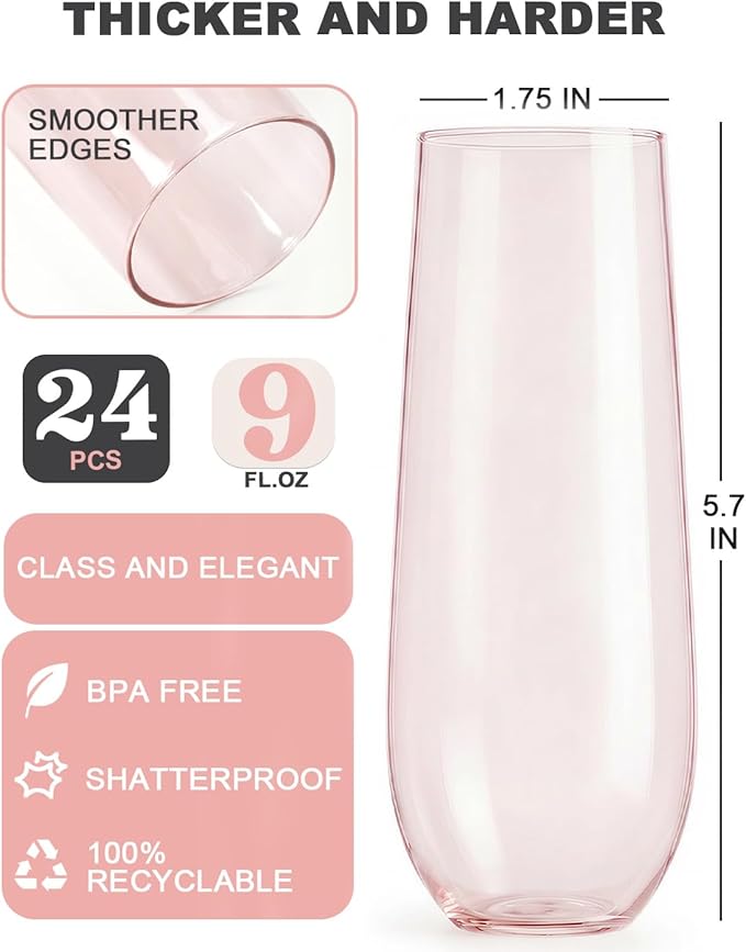 24 Pcak Champagne Flutes Plastic, 9 Oz Disposable Stemless Mimosa Toasting Glasses, Clear Crystal Plastic Cocktail Cups for Party Wedding Birthday (Pink)
