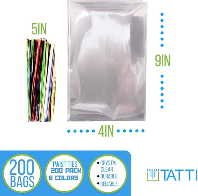 TATTI 200 Pack Clear Cellophane Bags for Favors - Transparent Goodie Bags, 4x9 Inch, Clear, Plastic, Resealable, OPP Material, Twist Tie Closure
