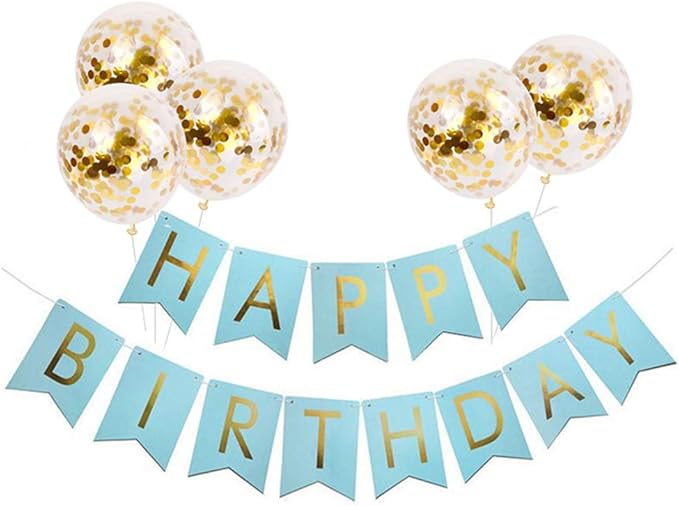 Tellpet Light Blue HAPPY BIRTHDAY Banner with 5 pcs Gold Confetti Balloons