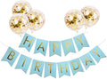 Tellpet Light Blue HAPPY BIRTHDAY Banner with 5 pcs Gold Confetti Balloons
