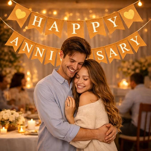 "Happy Anniversary" Burlap Banner – Rustic “Happy” and “Anniversary” across natural burlap flags (approx. 5" × 7") with Sparkly Gold Hearts Party Decor