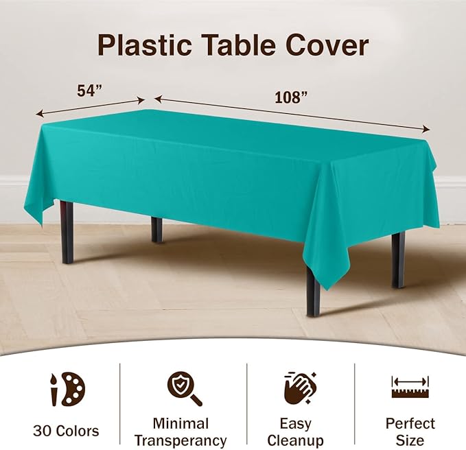 Exquisite 12-Pack Premium Plastic Tablecloth Pack of 12 Premium Plastic Tablecloth 54 Inch x 108 Inch Rectangle Table Cover - Teal