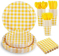 175 Pcs Gingham Party Supplies Include Yellow Gingham Plates and Napkins Cups Plastic Cutlery Disposable Yellow Checkered Plates Set for Easter, Picnic, Baby Shower, Golf Party