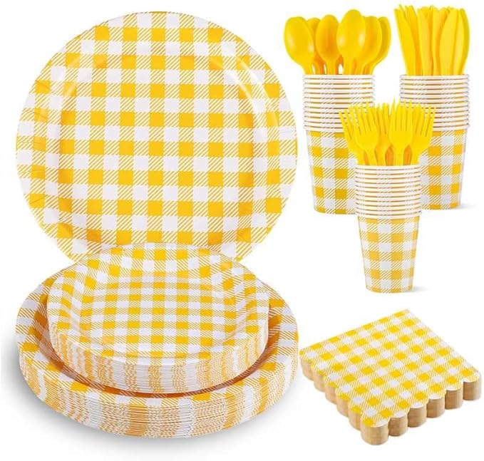 175 Pcs Gingham Party Supplies Include Yellow Gingham Plates and Napkins Cups Plastic Cutlery Disposable Yellow Checkered Plates Set for Easter, Picnic, Baby Shower, Golf Party