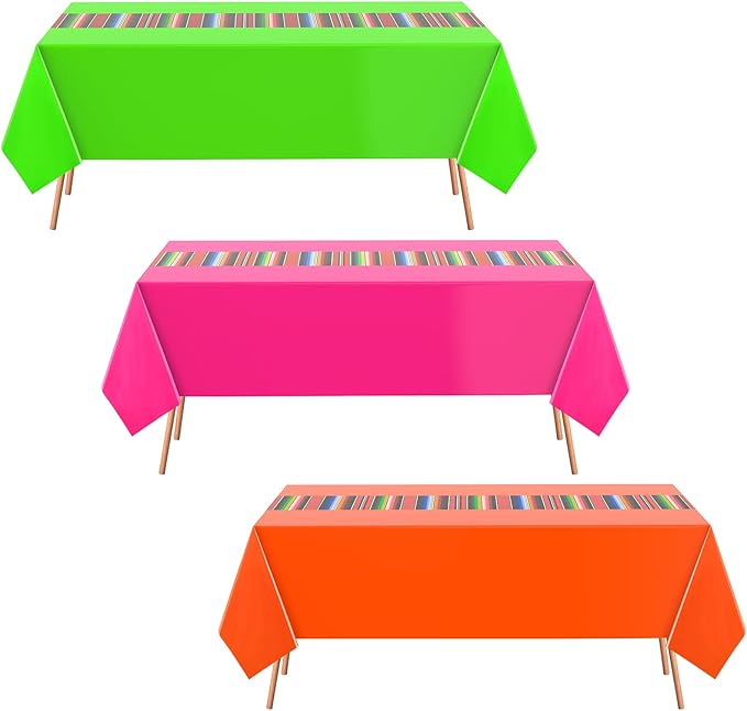 Oudain 3 Pcs Fiesta Tablecloth 108 x 54 Inch Plastic Tablecover Waterproof Mexican Tablecloth Mexican Striped Table Cover for Taco Night Festive Fiesta Wedding (Green,Orange,Pink)