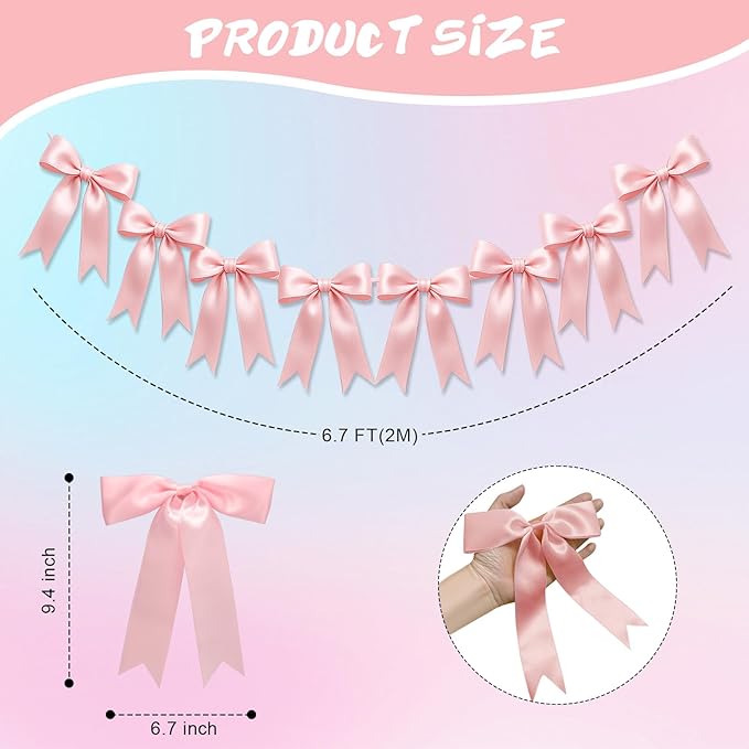 2 Strings of 16PCS Pink Bow Garlands Banner Decoration,Pre-Strung Satin Ribbon Ornaments for Birthday,Bachelorette Party,Bridal Shower, Wedding,Engagement,Baby Shower, Graduation Deco,Anniversary