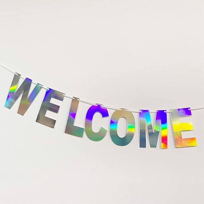 Pre-Strung Holographic Welcome Banner Decorations Sign, Iridescent Hanging Bunting String Flag Garland for Welcome Baby Shower, Deployment Homecoming, Family Reunion, Military Homecoming Party