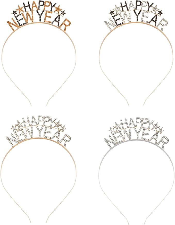 4 PCS 2026 Happy New Year Headbands Glitter Rhinestones New Year's Eve Headband New Year Party Hair Accessories