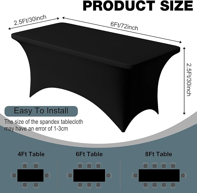 Trlyc 1 Pack 6FT Spandex Table Cloth - 72 x 30 Inch Rectangular Stretch Tablecloth, Wrinkle Resistant Scretch Table Cover for Wedding, Party, Banquet, Picnic, Outdoor Decoration (1Pcs,Black)