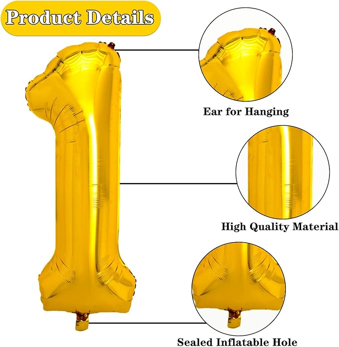 40 Inch Gold Large Number 1 Balloon for 1st Birthday Decoration, Giant Jumbo Self Inflating Foil Number Balloons 0-9 for Boys Girls 1 Helium Balloons for Women Men Party Anniversary Supplies