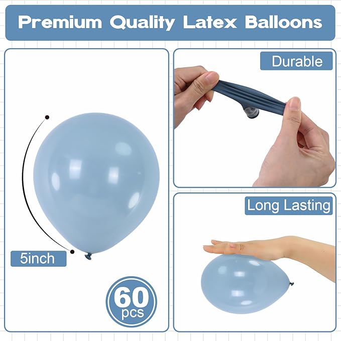Dusty Blue Balloons 5inch Small Haze Blue Balloon 60pcs Mini Round Aqua Fog Mist Latex Balloon for Arch Garland Girls Boys Retro Boho Birthday Party Decoration Wedding Baby Bridal Shower Bachelorette