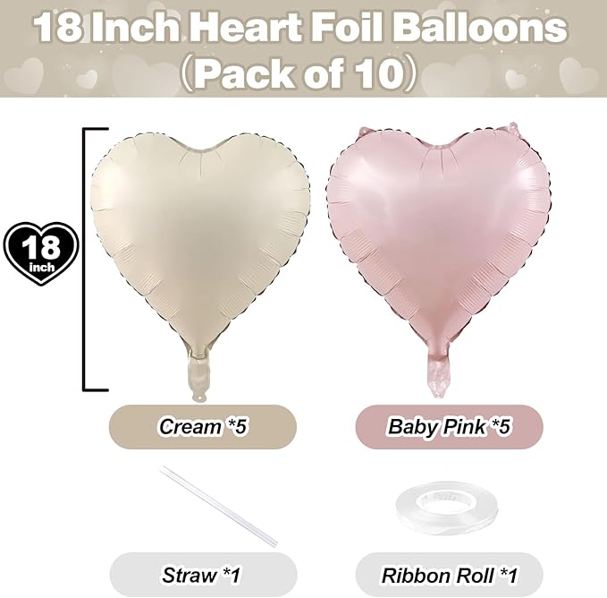 Pink White Heart Balloons, 18 Inch Baby Pink and Cream Helium Foil Heart Balloon 10Pcs Pastel Nude and Light Rosa Heart Shape Foil Balloons for Boho Girls Women Birthday Baby Shower Bridal Valentines