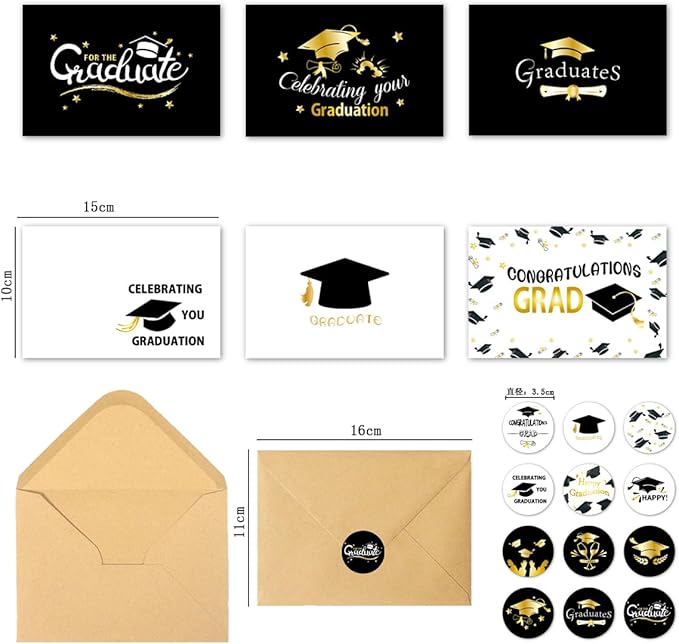 6 Pack Gold Foiled 5x7in 2025 Graduation Cards 2025 with Envelopes and Stickers,6 Elegant Designs Graduation Card Pack