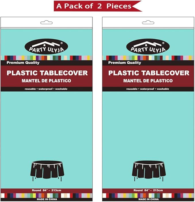 Aqua Blue Plastic Tablecloths 2 Pack Disposable Table Covers 84 Inch Circle Baby Shower Party Tablecovers PEVA Seafoam Blue Table Cloths for BBQ Picnic Birthday Wedding Parties 6 ft Round Table Use