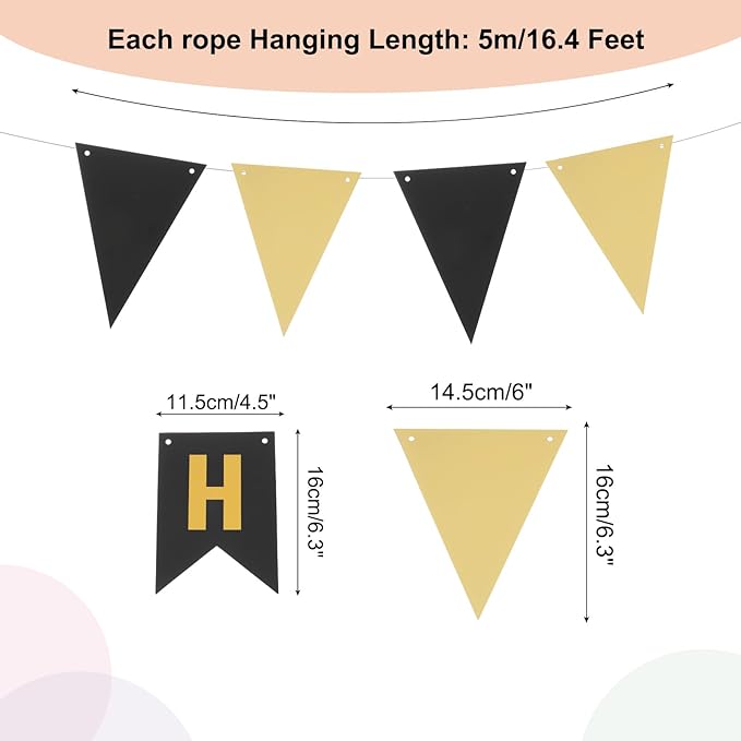 MECCANIXITY Birthday Banner 16 Feet Black Gold Birthday Decorations CardStock Birthday Sign with Pennant Banner Flags for Birthday Decor Backdrop Festival Party Supplies
