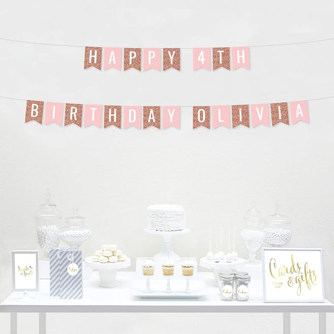 Andaz Press Personalized Hanging Pennant Banner Party Decorations, Rose Gold Glitter, Blush Pink, Happy 4th Birthday Olivia, 1-Pack, Approx. 5-Feet, Custom Name and Number