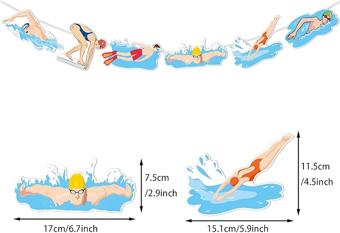 Zwiebeco Blue Swimming Happy Birthday Party Decoration Banner Bunting Garland Hanging Paper for Boys Girls Men Women Kids Adults Summer Pool Swim Sports Themed Birthday Decor Accessories Supplies
