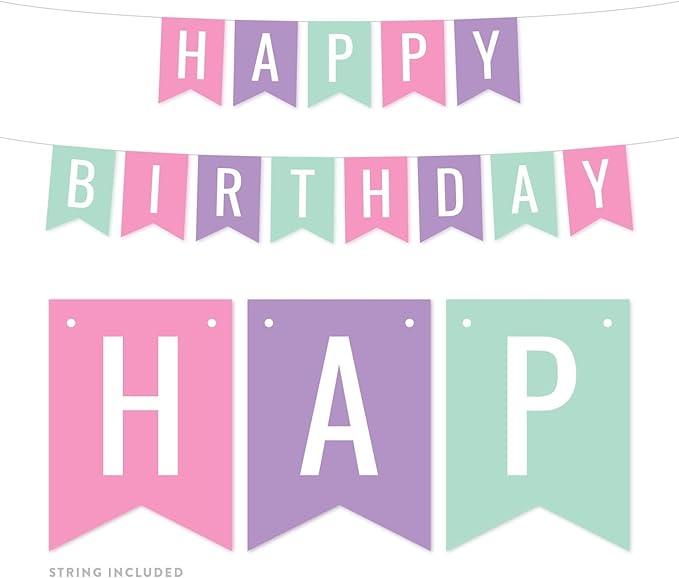 Andaz Press Hanging Pennant Banner Party Decorations, Pink, Lavender, Seafoam Mint Green, Happy Birthday, 1-Pack, Approx. 5-Feet, Rainbow Unicorn Girl's Party Themed Decor