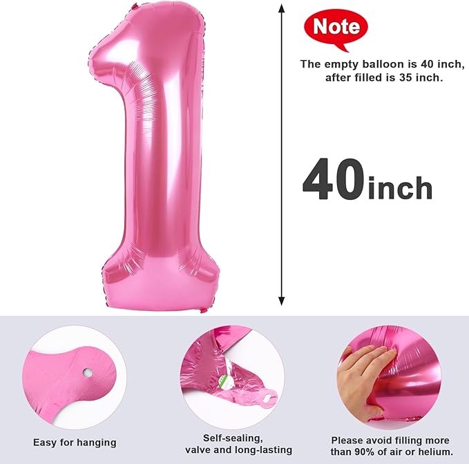 Number Balloons 1, 40 Inch One Balloons for 1st Birthday Girl Boy 1 11 21 Party Decorations Baby Shower Photo Shoot, Pink 1 Balloon