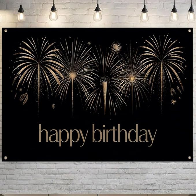 Happy Birthday Decorations Banner 71x43 Inch, Black Gold Fireworks Birthday Backdrop for Adult Party, Large Photo Booth Background Supplies