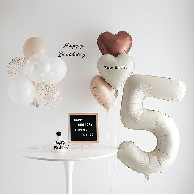 Number 5 Balloon, 5 Balloon, Number Balloons 40 Inch, Sand White Large Big Foil Number Balloons for Birthday Party Graduation Wedding Anniversary Baby Shower Bachelorette Decoration Supplies