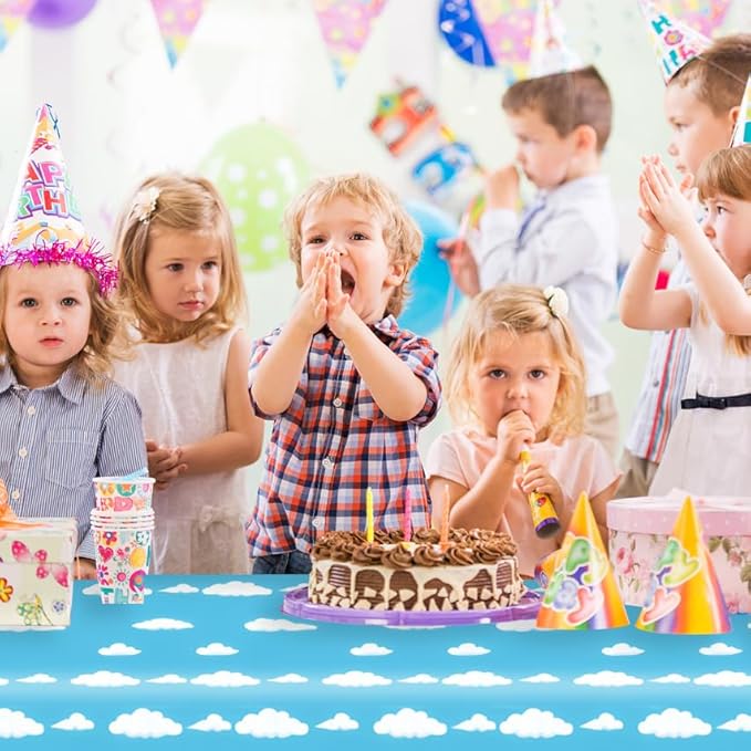 Blue Sky White Clouds Birthday Party Supplies Cartoon Story Tablecloth Party Table Cover Cartoon Table Banner for Baby Kids Shower Birthday Decorations, 54 x 108 Inch(3 Pieces)