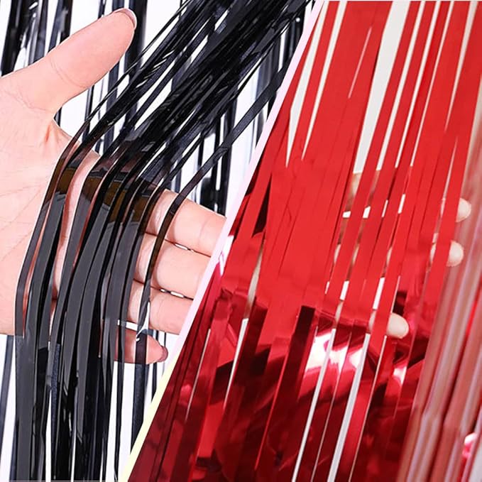 Red and Black Party Decorations- 4 Pack of 3.2x8.2ft Foil Fringe Curtains for Graduation Party Decorations Birthday Backdrop Decorations