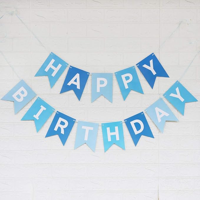 Happy Birthday Banner With Shiny Gold Letters, Swallowtail Design Hanging Signs Party Decorations (Tri-Color Blue)