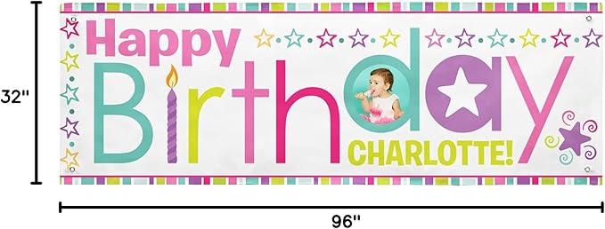 Let's Make Memories Personalized Birthday Banner - Kids Party Decorations - Custom Happy Birthday Banner - Indoor/Outdoor Vinyl - Any Text and Photo - Pink Multi - 8ft