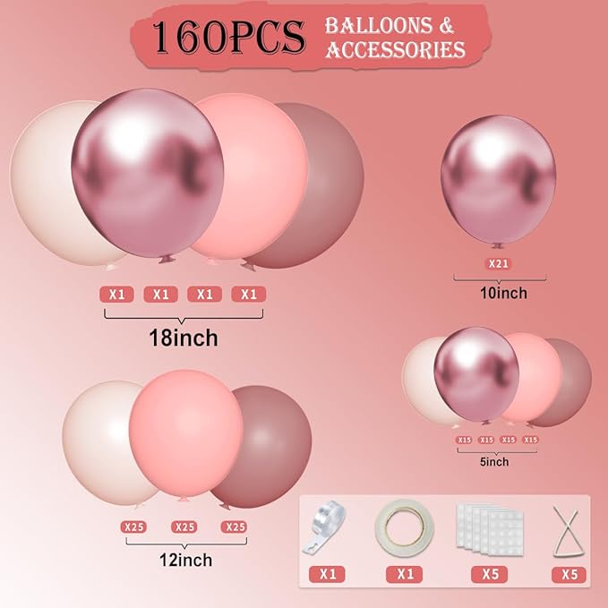 Pink Balloon Garland Arch Kit, 160Pcs Pastel Dusty Nude Metallic Pink Balloons for Birthday Princess Wedding Bridal Baby Shower Party Decorations