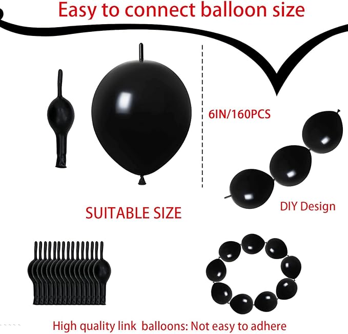 Link Balloons Black 6 Inch Latex Quick Linkale Balloon 160 Pcs for Birthday, Halloween, Christmas, Party Festival Decorations