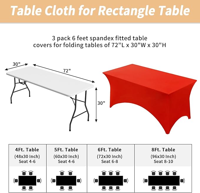 Fixwal 3 Pack Red Table Cloths Rectangle 6FT, Tablecloths Rectangular Stretch Spandex Fitted Table Covers 6 FT for Valentine's Day, Festival Parties, Trade Shows, Banquet, Weddings, Event