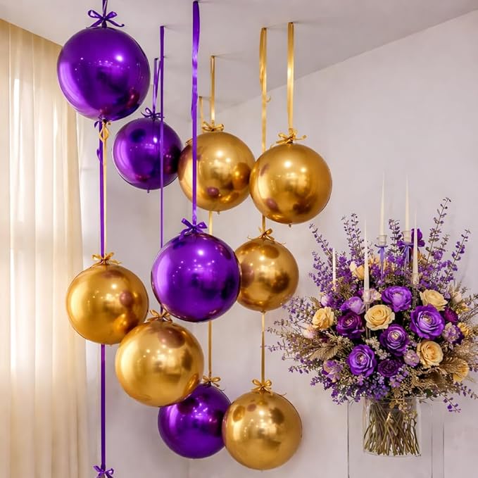 Togvu Purple Gold Round Foil Balloons, 16PCS Different Sizes 4D Metallic Balloon Large Sphere Mirror Ball Balloons for Prom Graduation New Year Festival Birthday Party Ceiling Decorations Supplies