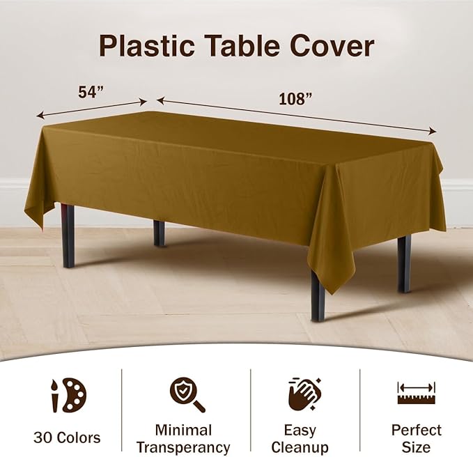 Exquisite 12-Pack Premium Plastic Tablecloth Pack of 12 Premium Plastic Tablecloth 54 Inch x 108 Inch Rectangle Table Cover - Gold