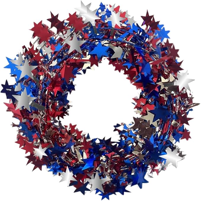 PMU 25 Ft Patriotic Star Garlands with Wire, Shiny Metallic Garland for 4th of July, National Day, Independence Day, Red,Silver and Blue
